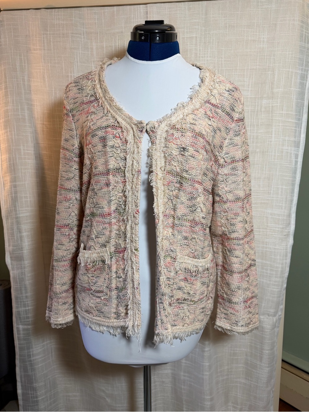 NIC+ZOE Fringe Open Front Knit Cardigan Jacket Size L Multicolor